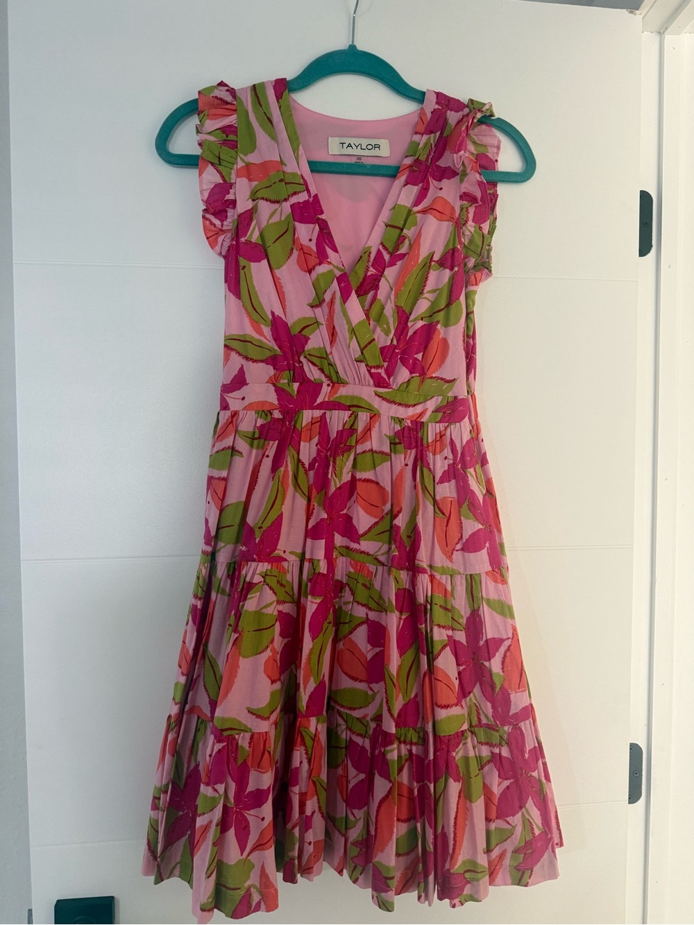 Taylor Pink Floral Wrap Dress with Green Leaves